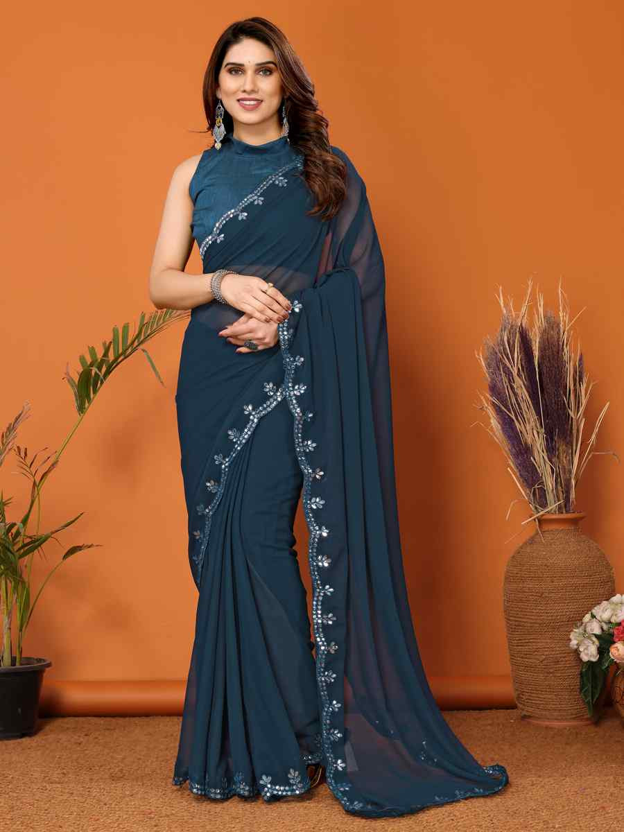 Rama Georgette Handwoven Festival Wedding Heavy Border Saree