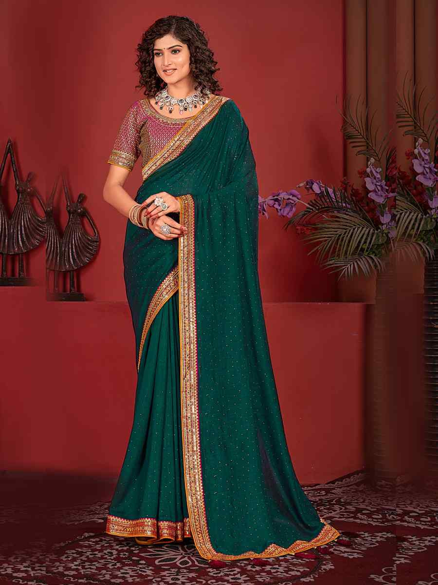 Rama Green Art Silk Embroidered Festival Wedding Heavy Border Saree