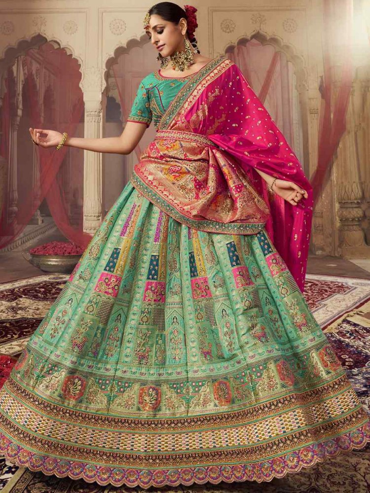 Buy Rama Green Color Satin Fabric Lehenga Choli For Bride Online - LEHV2601  | Appelle Fashion