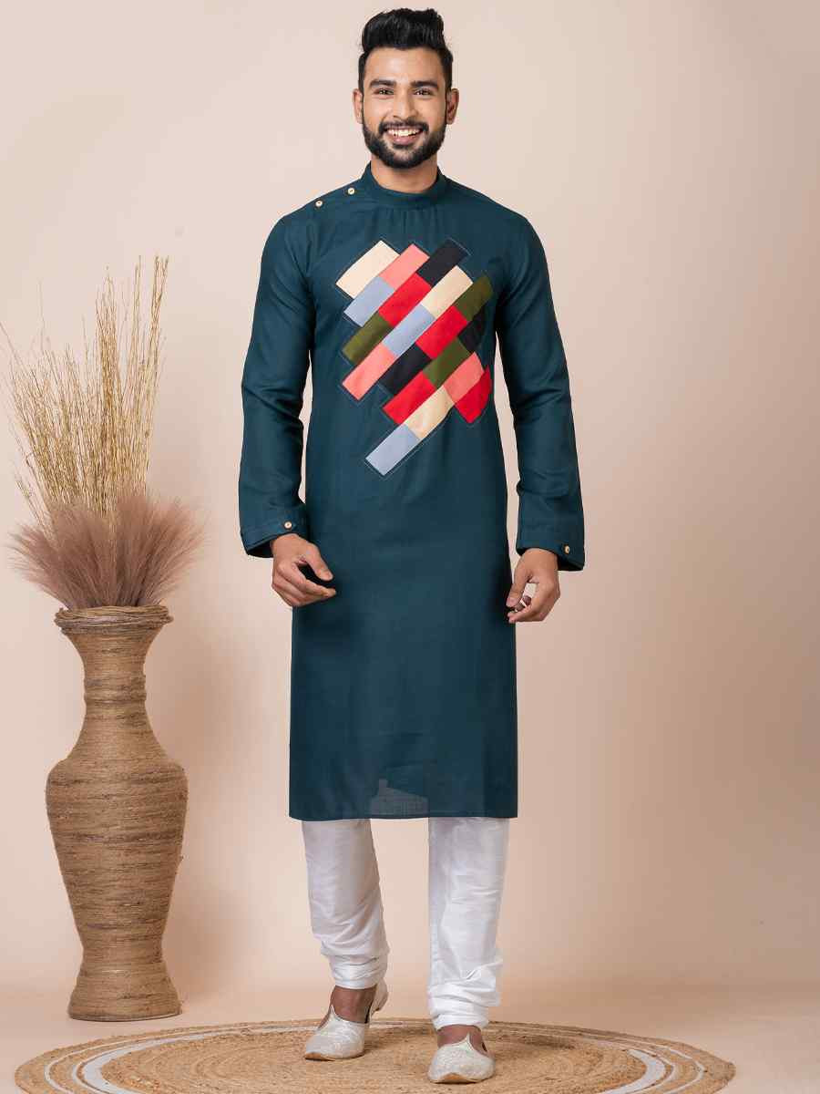 Rama Green Cotton Printed Festival Mehendi Kurta