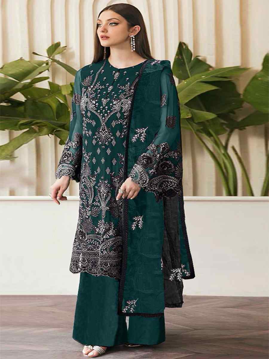 Rama Green Georgette Embroidered Festival Casual Palazzo Pant Salwar Kameez