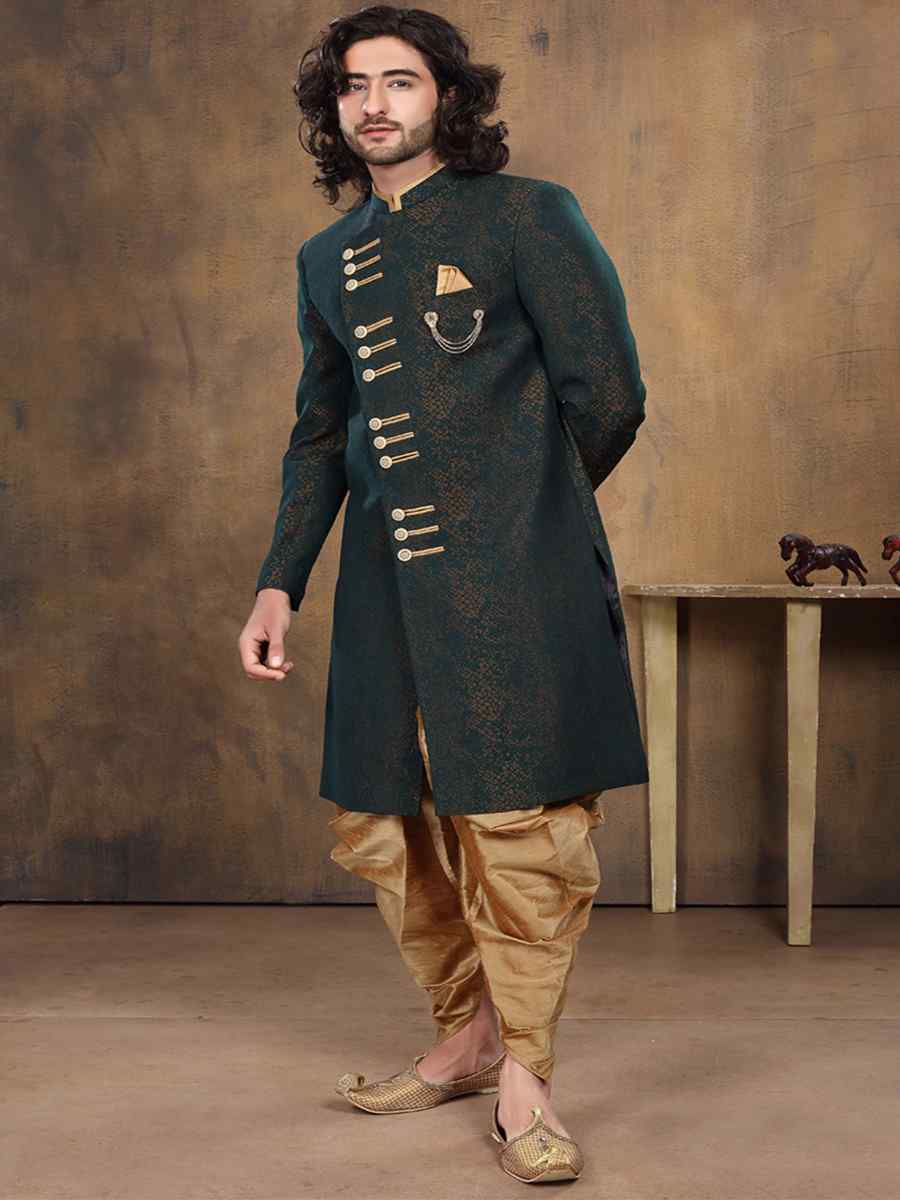 Rama Green Imported Woven Groom Wedding Sherwani