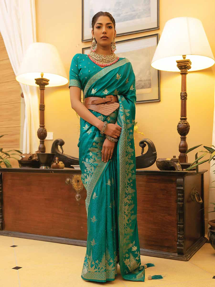 Rama Green Satin Silk Handwoven Festival Wedding Heavy Border Saree