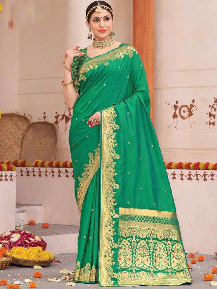 Rama Green Plain Saree with Printed Blouse at Rs.999/Piece in haldwani  offer by Raja Emporium