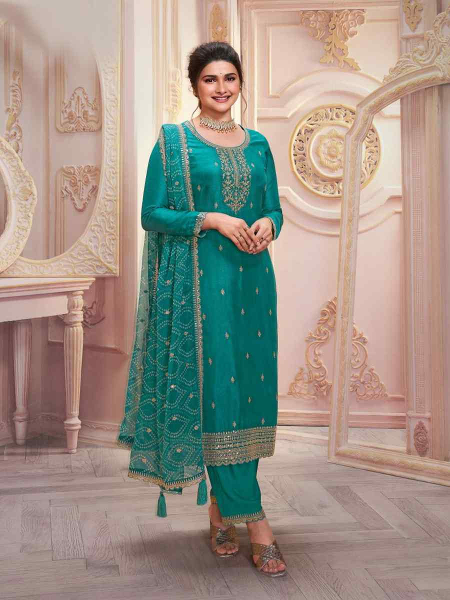 Rama Heavy Silk Gerogatte Embroidered Festival Wedding Pant Salwar Kameez