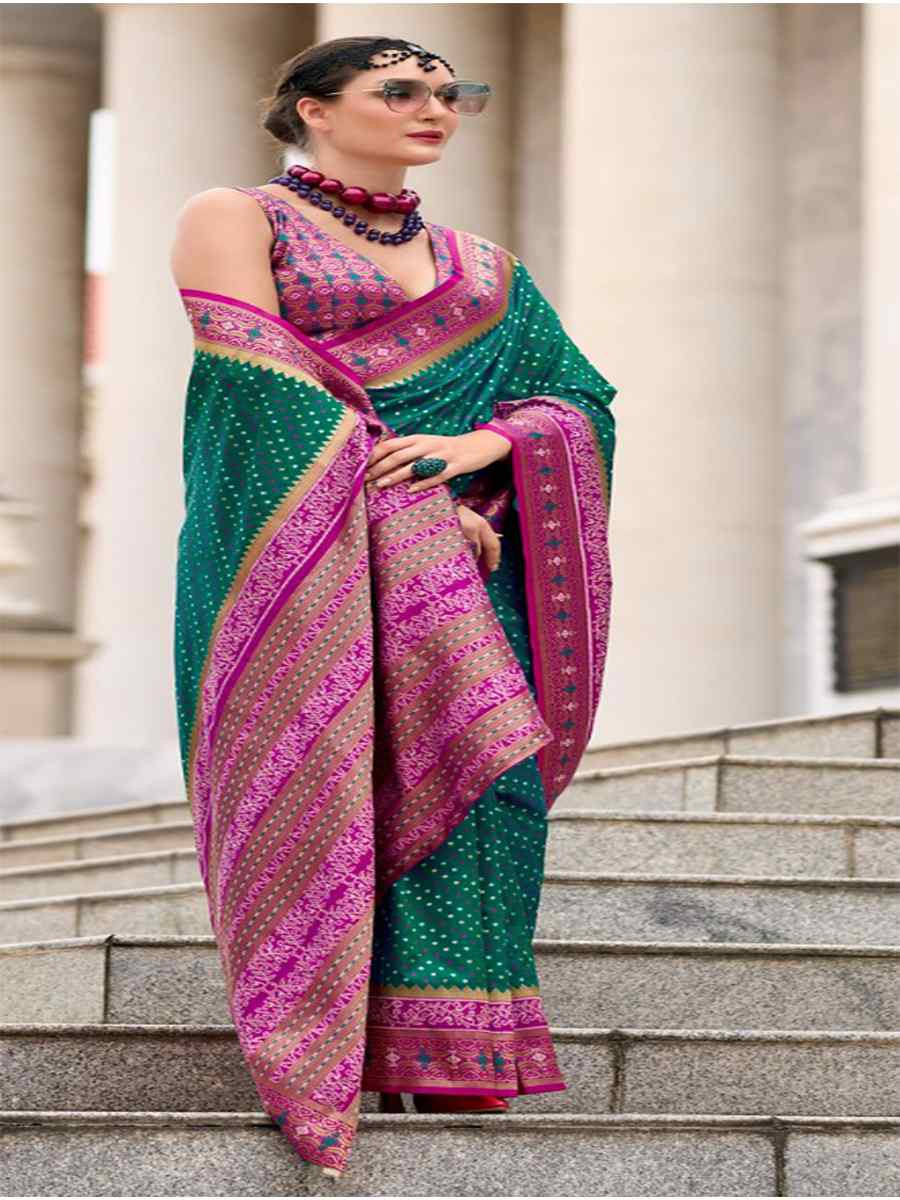 Rama Ikkat Soft Silk Handwoven Festival Wedding Heavy Border Saree