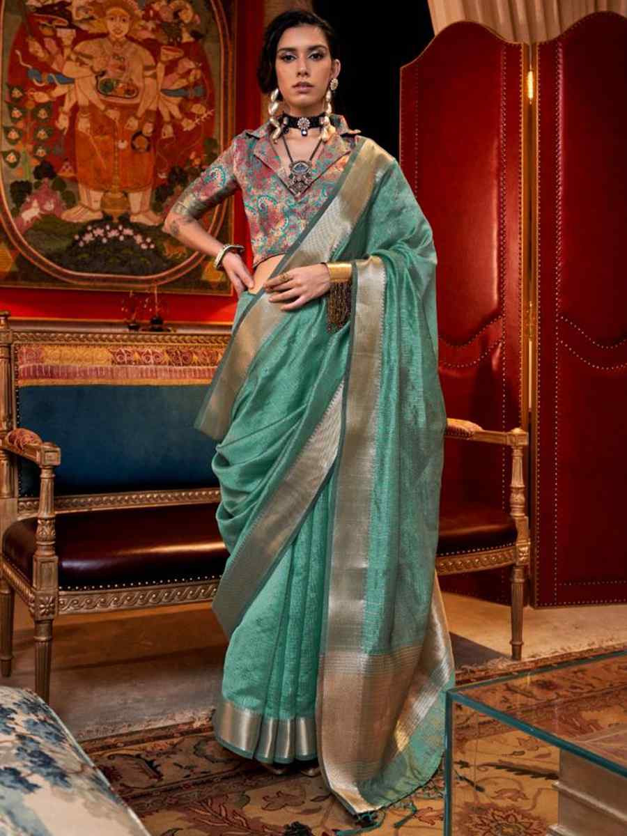 Rama Moss Chiffon Handwoven Festival Wedding Heavy Border Saree