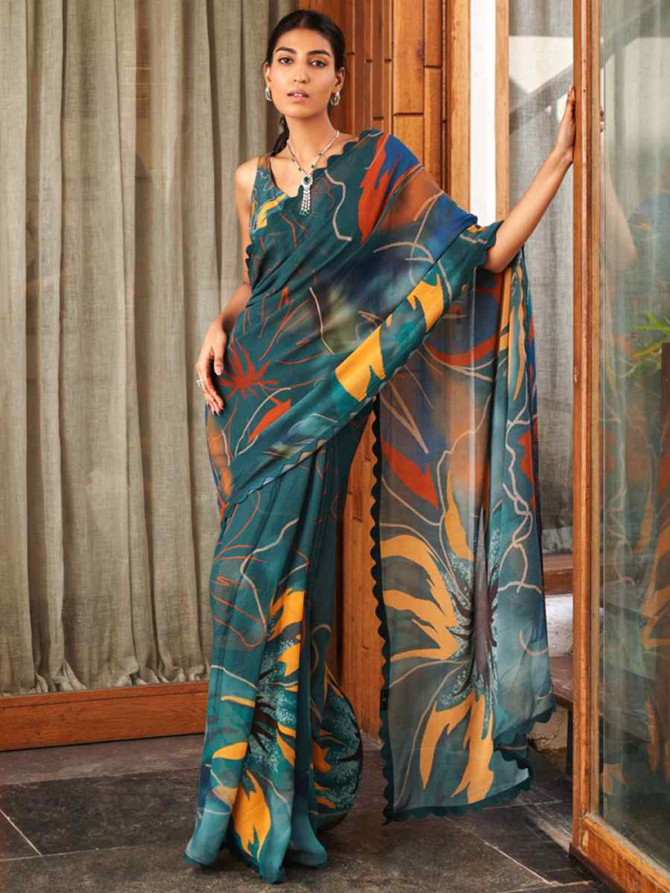 Rama Multi Bright Moss Printed Festival Party Contemporary Saree