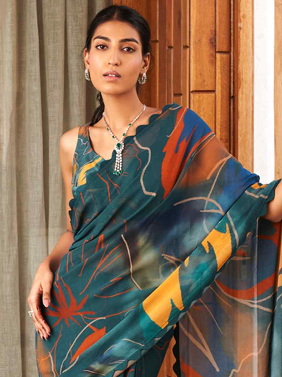 Rama Multi Bright Moss Printed Festival Party Contemporary Saree