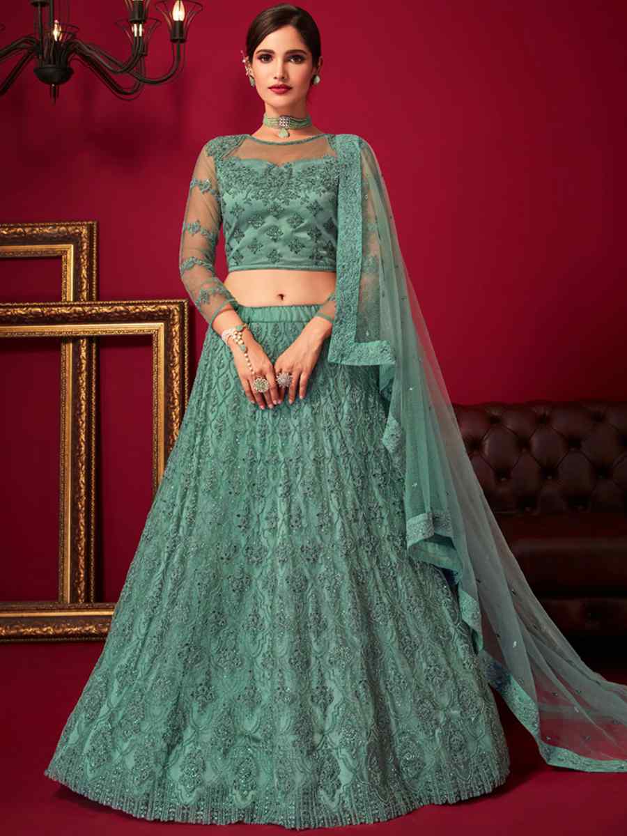 Rama Net Embroidered Bridal Reception Heavy Border Lehenga Choli