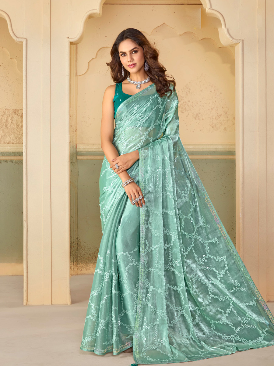 Rama Organza Embroidered Reception Party Heavy Border Saree