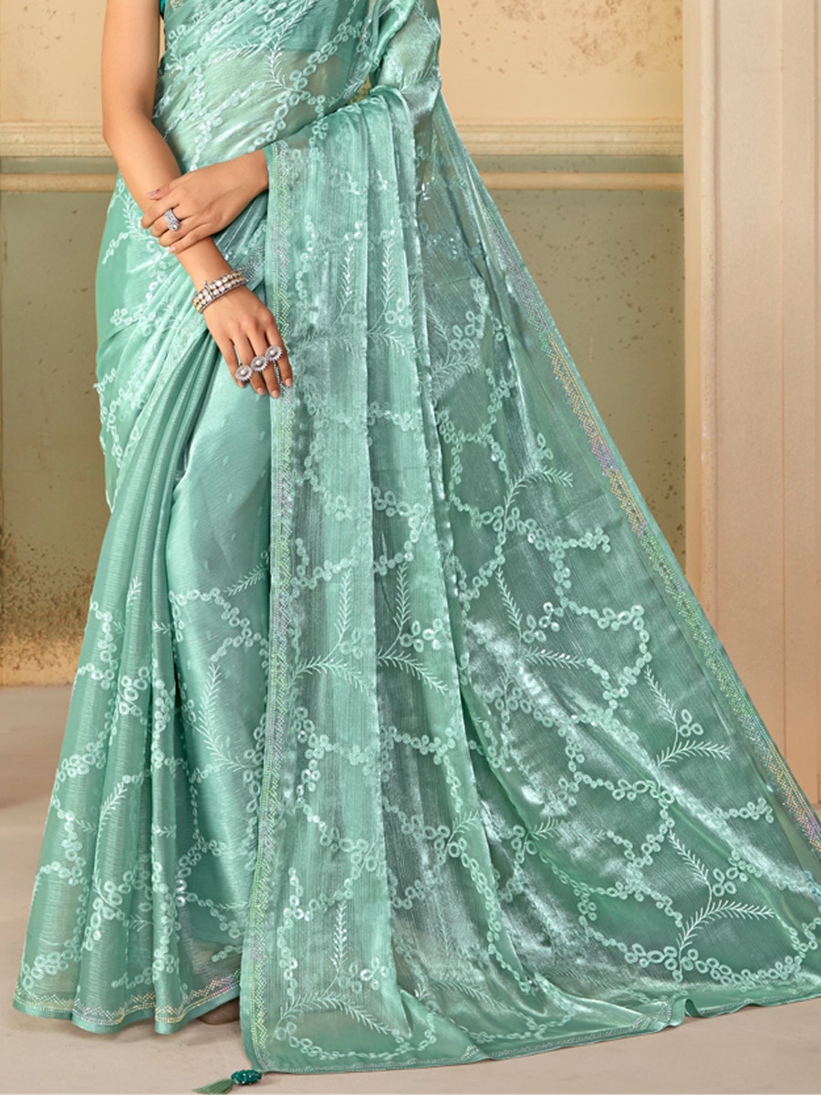 Rama Organza Embroidered Reception Party Heavy Border Saree