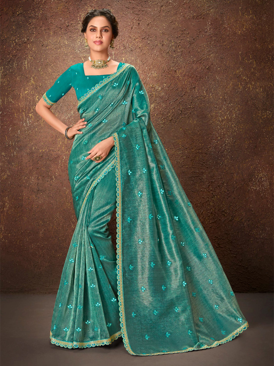 Rama Silk Embroidered Reception Party Heavy Border Saree