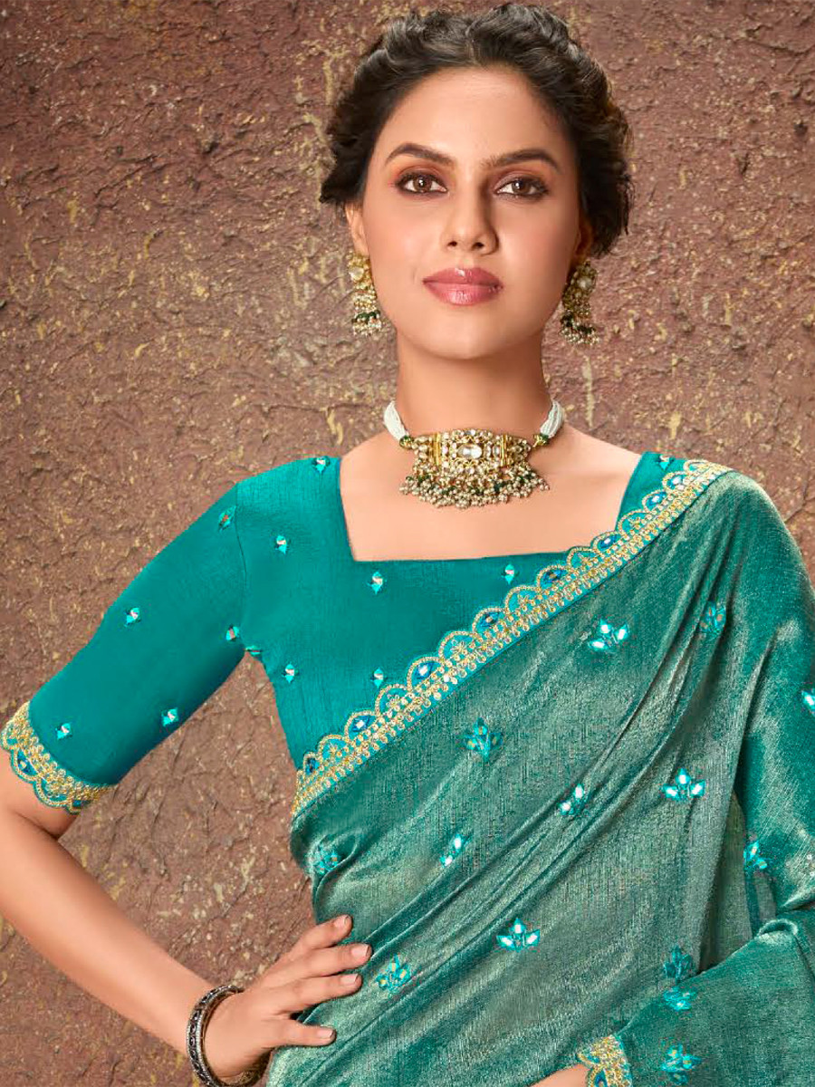 Rama Silk Embroidered Reception Party Heavy Border Saree