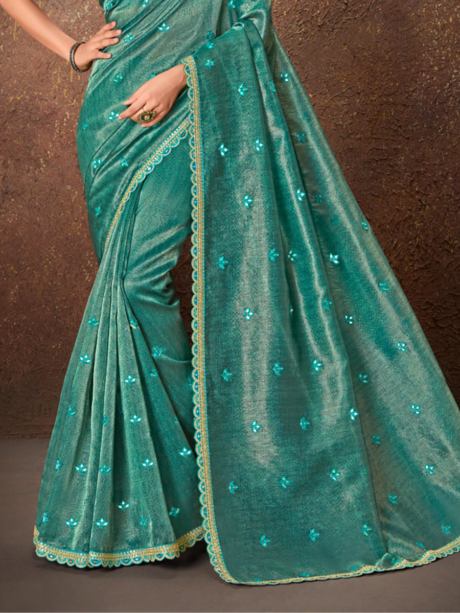 Rama Silk Embroidered Reception Party Heavy Border Saree