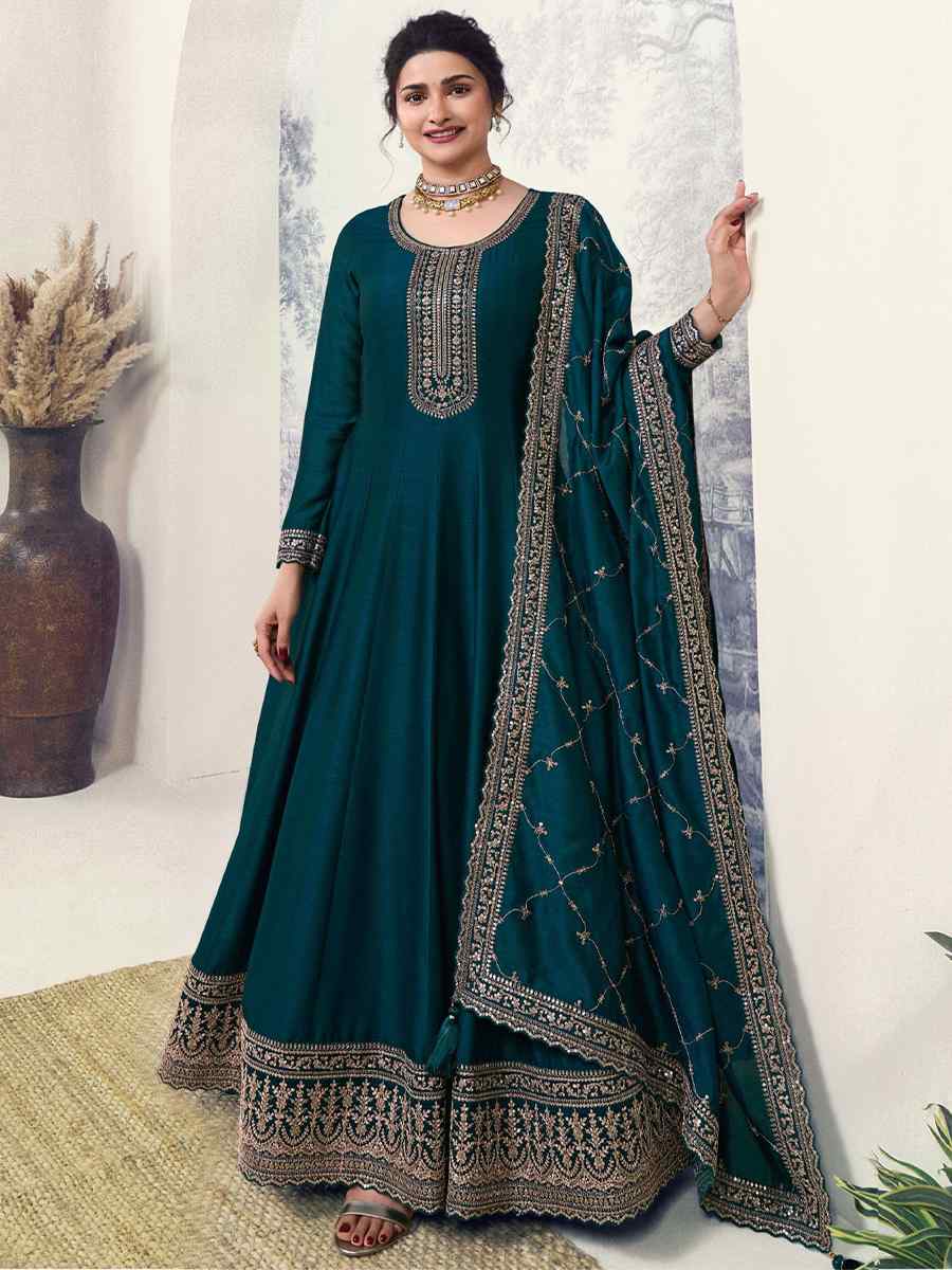 Rama Silk Georgette Embroidered Festival Mehendi Gown