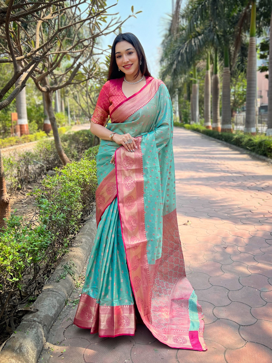 Rama Tissue Silk Handwoven Festival Wedding Heavy Border Saree