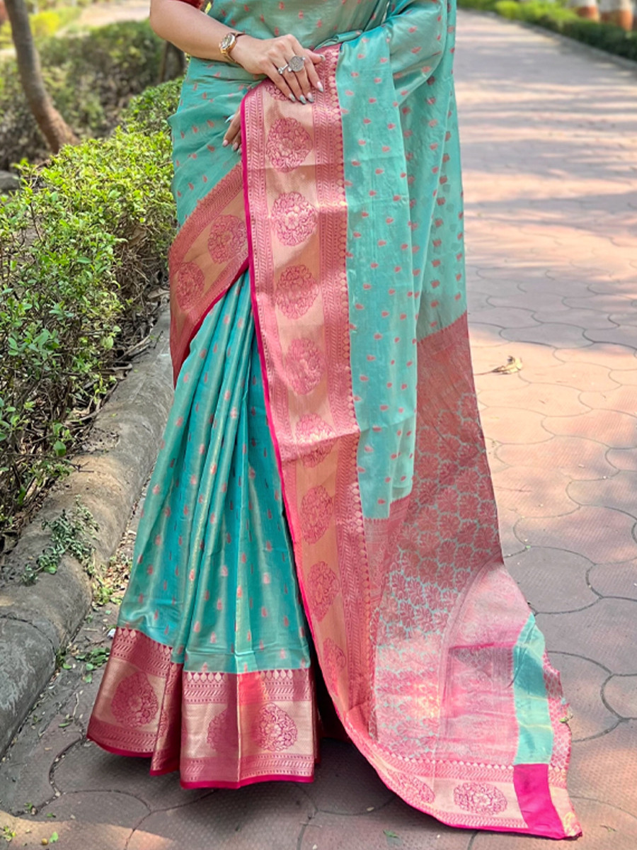 Rama Tissue Silk Handwoven Festival Wedding Heavy Border Saree