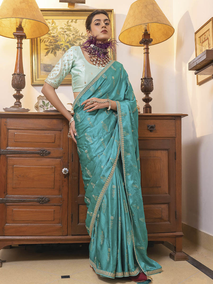 Rama Viscose Satin Silk Embroidery Festival Casual Classic Style Saree