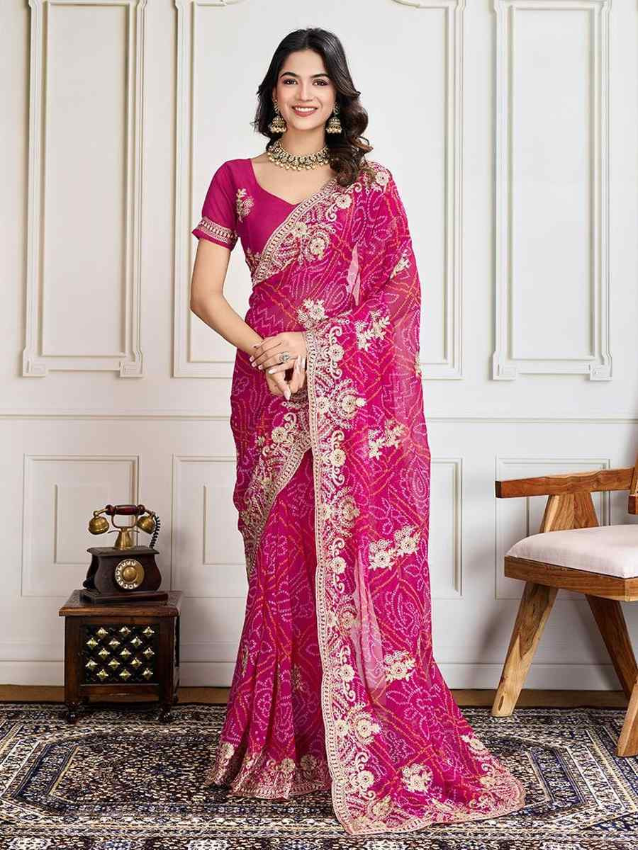 Rami Pink Georgette Bandhej Embroidered Bridesmaid Reception Heavy Border Saree