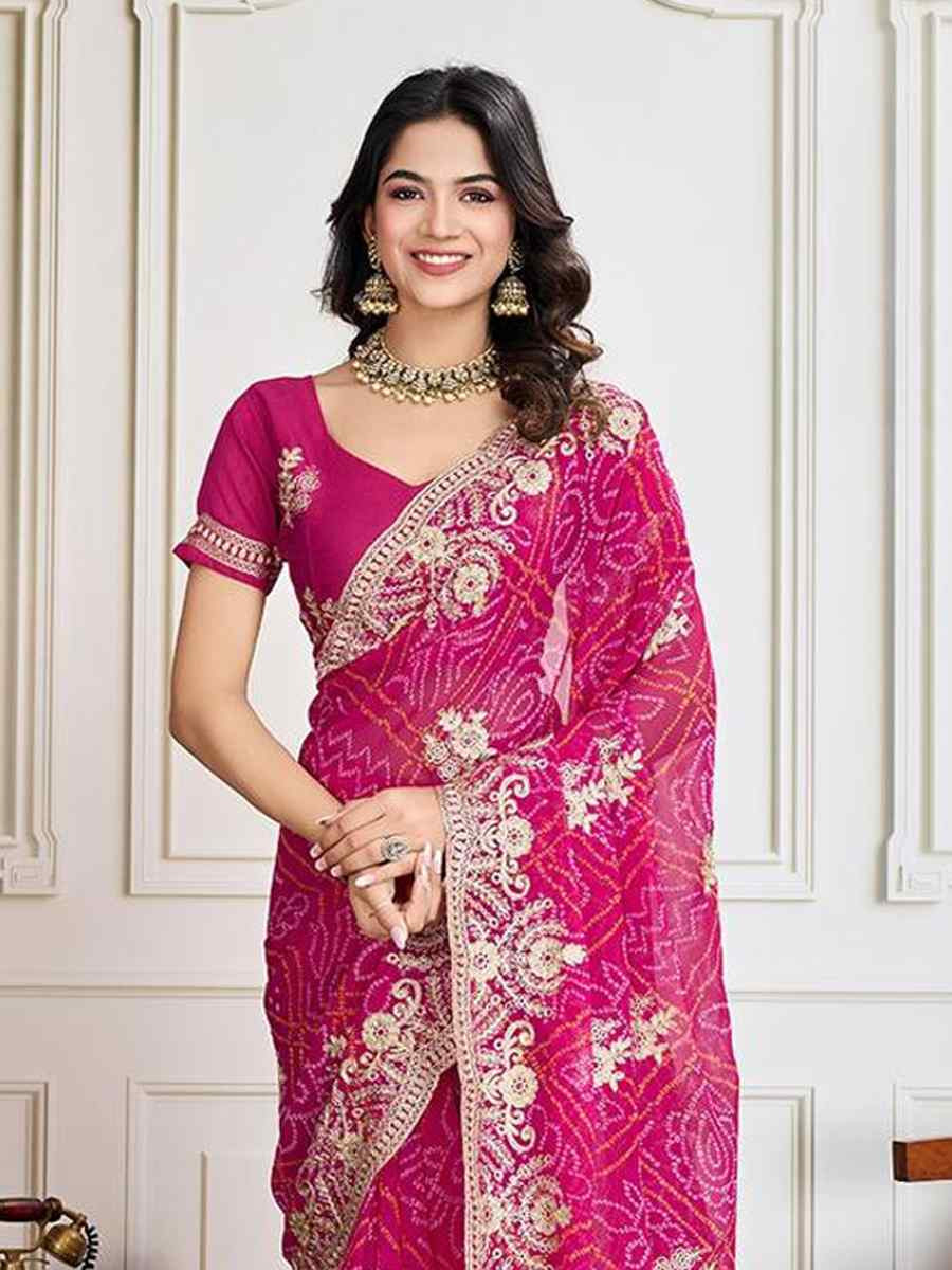 Rami Pink Georgette Bandhej Embroidered Bridesmaid Reception Heavy Border Saree