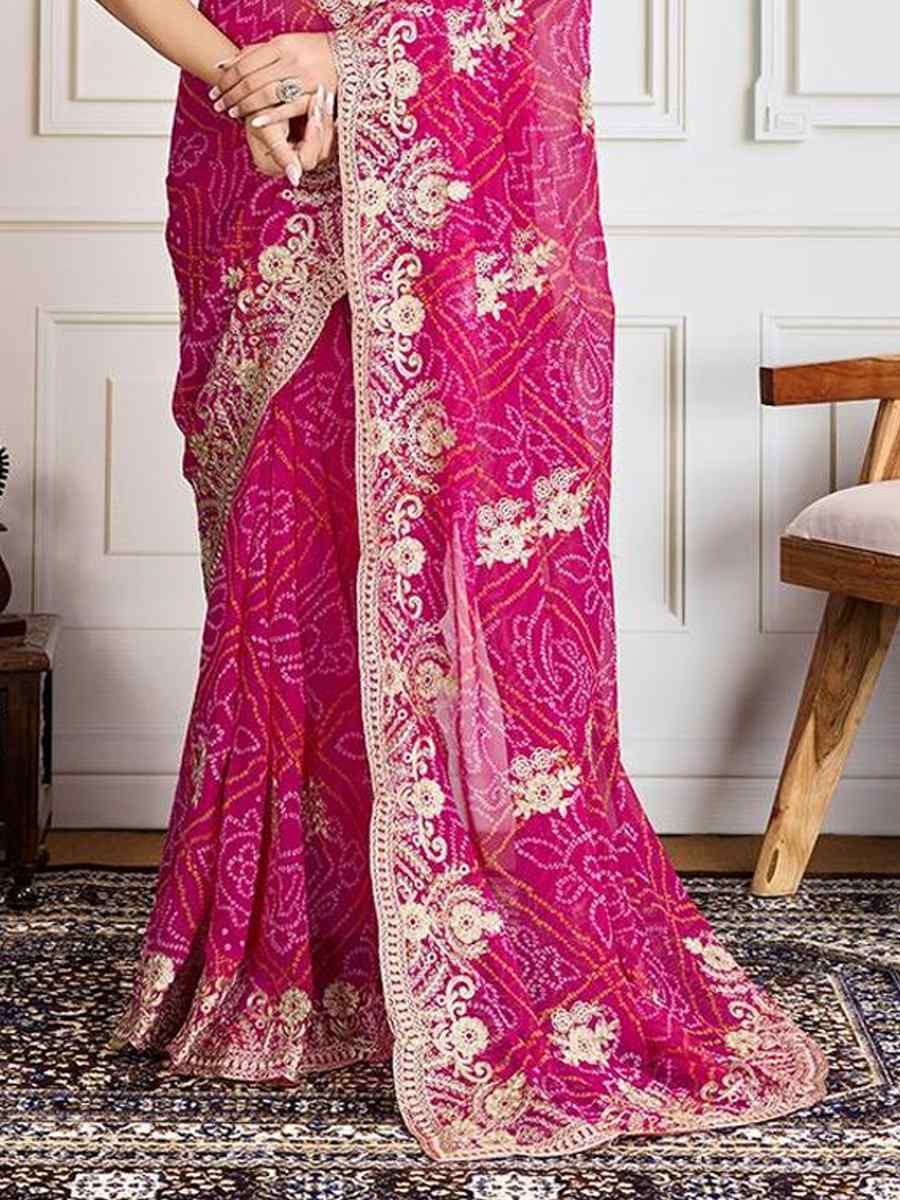 Rami Pink Georgette Bandhej Embroidered Bridesmaid Reception Heavy Border Saree