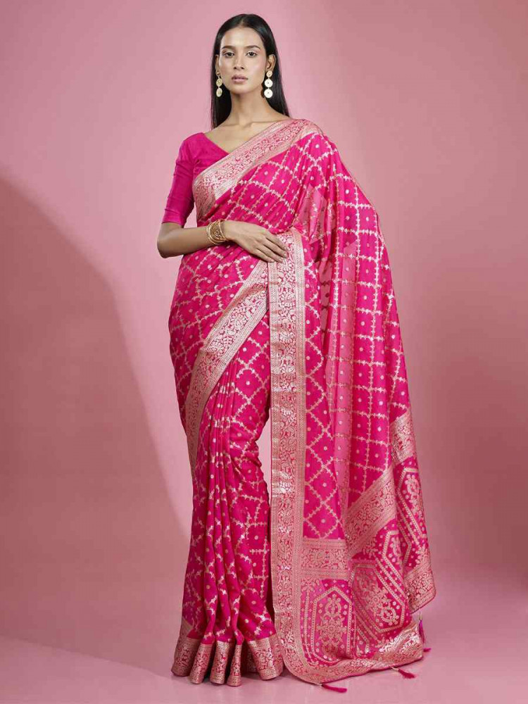 Rani Organza Embroidered Festival Wedding Heavy Border Saree