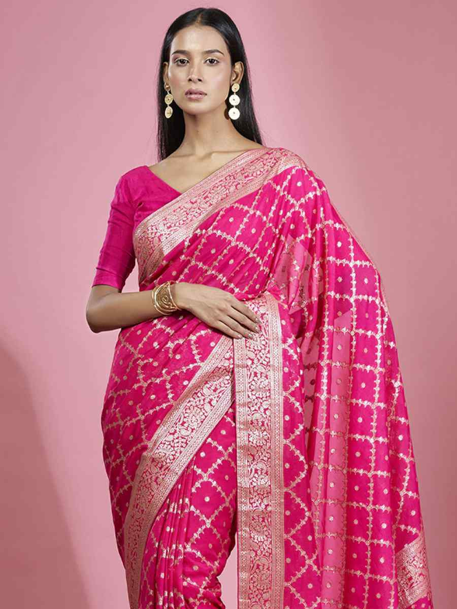 Rani Organza Embroidered Festival Wedding Heavy Border Saree