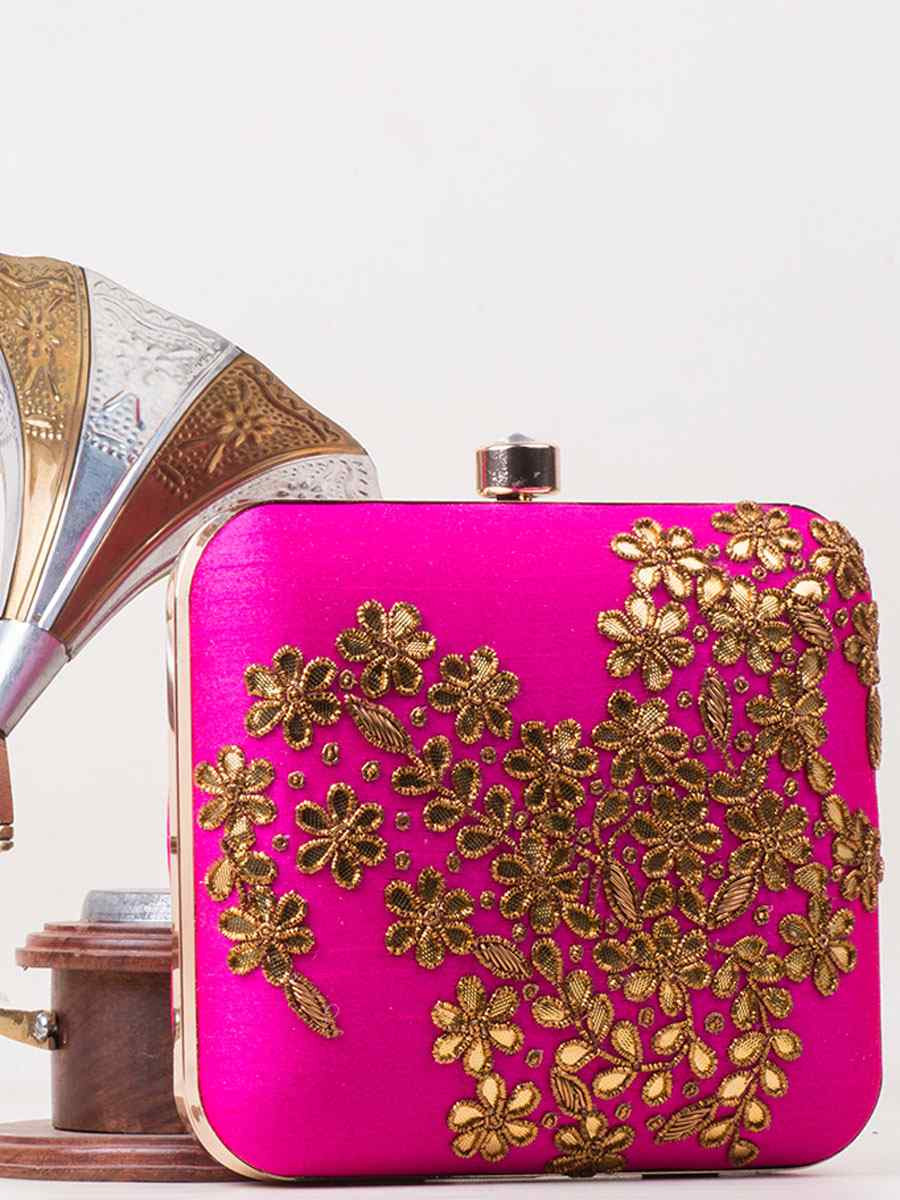 Rani Pink Art Silk Party Wear Embroidered Clutches