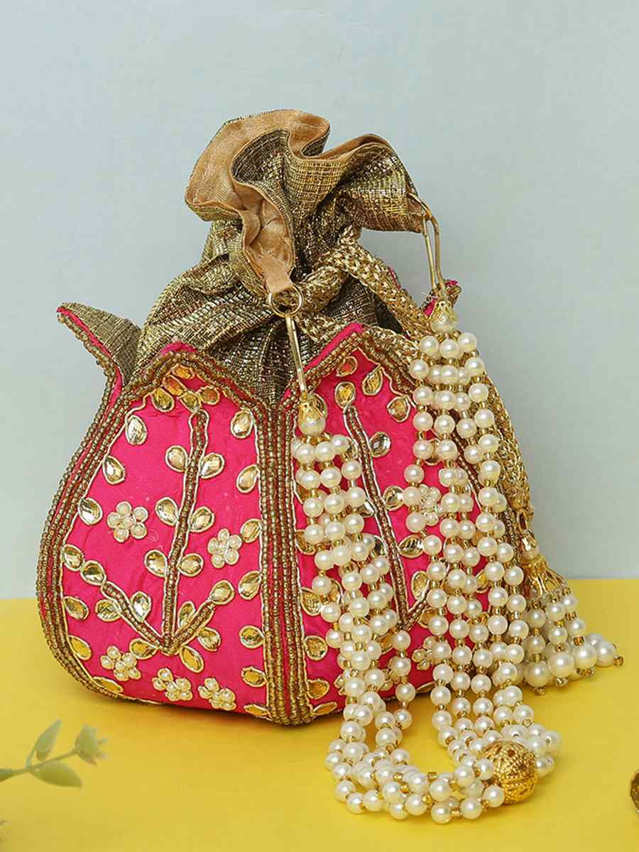 Rani Pink Art Silk Party Wear Embroidered Clutches