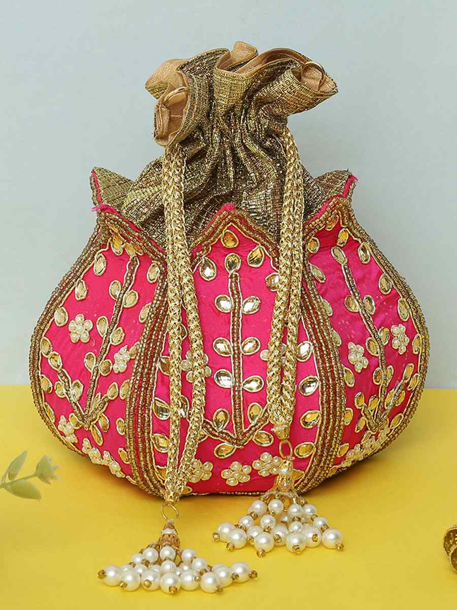 Rani Pink Art Silk Party Wear Embroidered Clutches