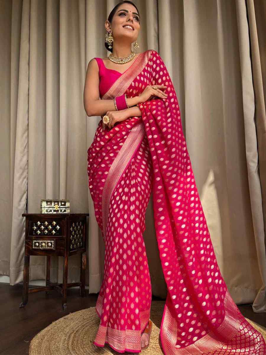 Rani Pink Banarasi Soft Silk Handwoven Wedding Festival Heavy Border Saree
