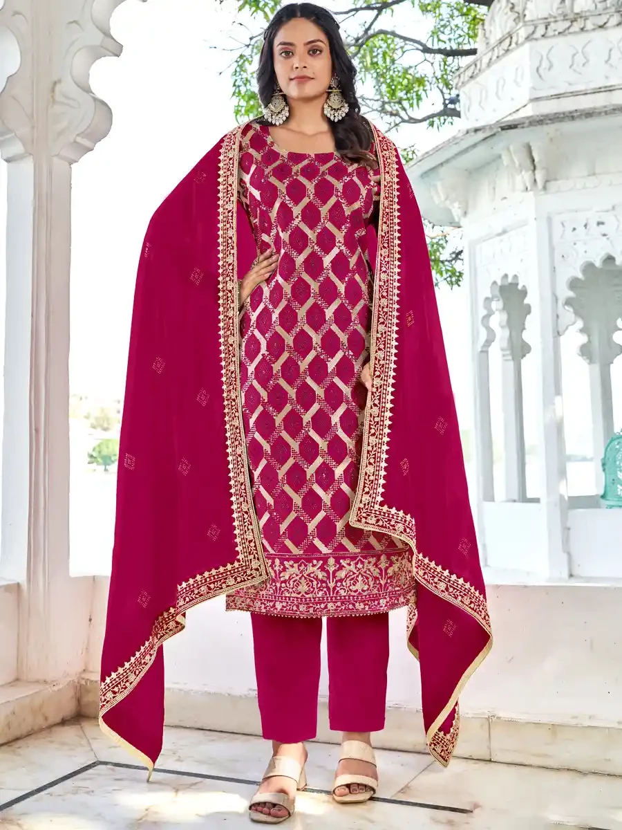 Rani Pink Blooming Vichitra Embroidered Festival Wedding Pant Salwar Kameez