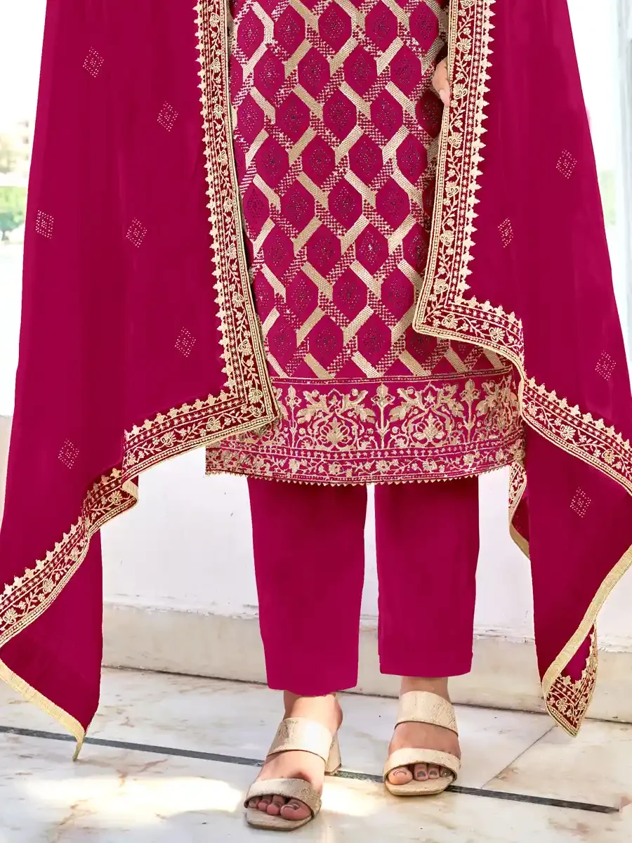 Rani Pink Blooming Vichitra Embroidered Festival Wedding Pant Salwar Kameez