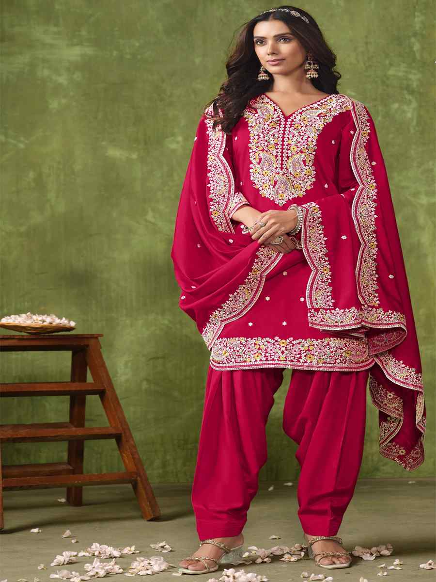 Rani Pink Chanderi Roman Silk Embroidered Festival Wedding Patiala Salwar Kameez