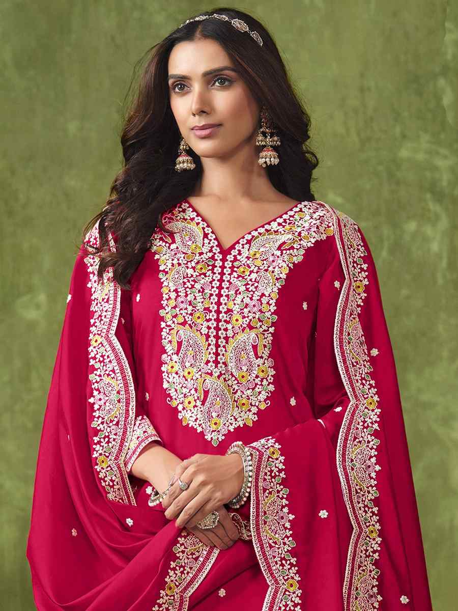 Rani Pink Chanderi Roman Silk Embroidered Festival Wedding Patiala Salwar Kameez