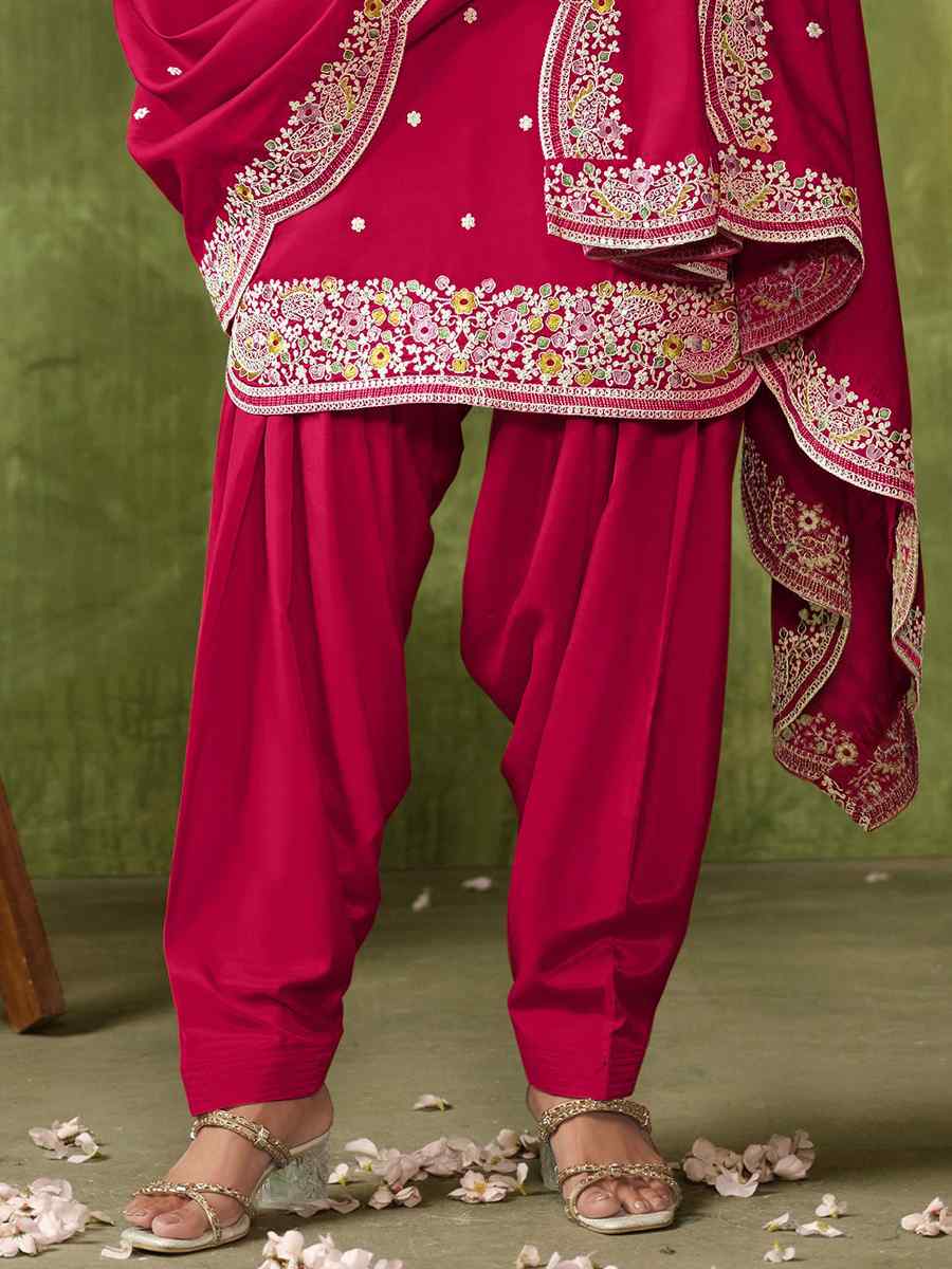 Rani Pink Chanderi Roman Silk Embroidered Festival Wedding Patiala Salwar Kameez