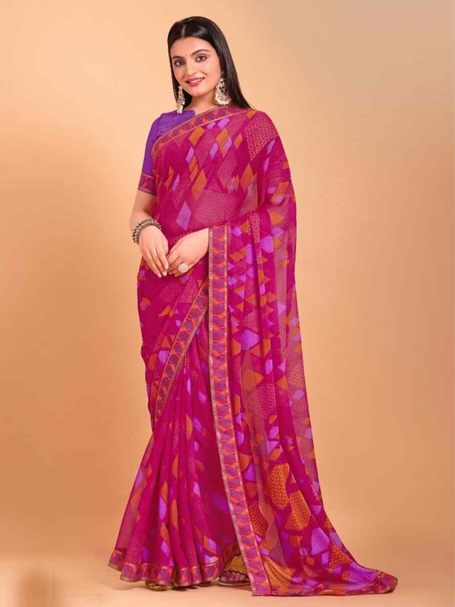 Rani Pink Chiffon Printed Festival Casual Contemporary Saree