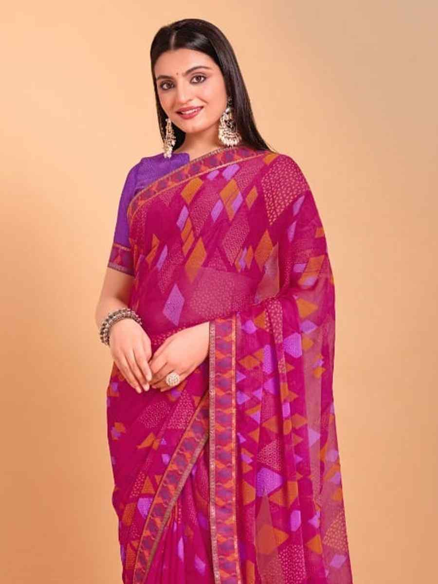 Rani Pink Chiffon Printed Festival Casual Contemporary Saree