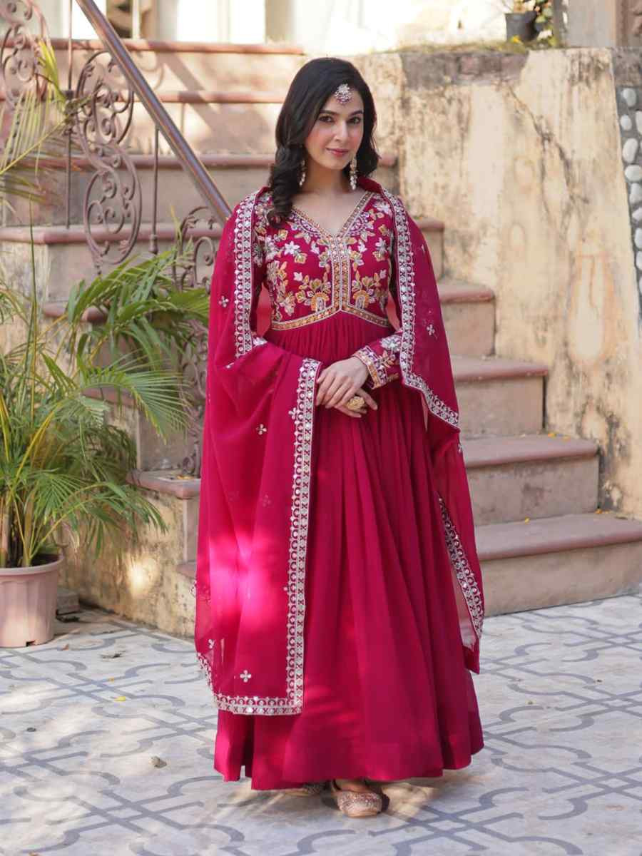 Rani Pink Faux Blooming Embroidered Festival Casual Gown