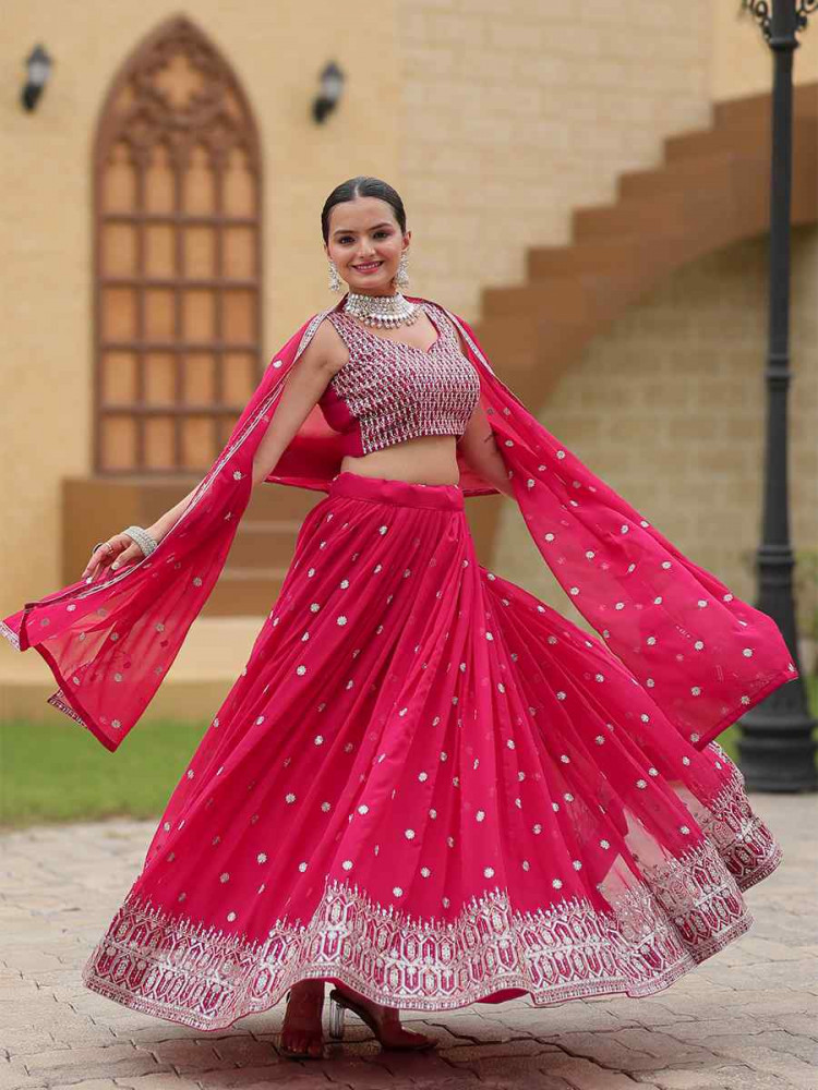 Rani Pink Faux Georgette Embroidered Bridesmaid Wedding Heavy Border Lehenga Choli