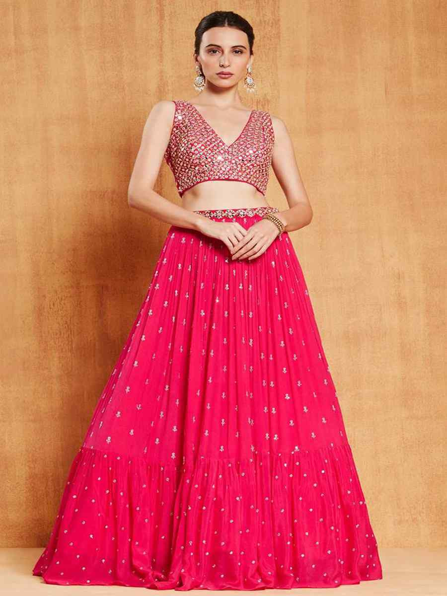 Rani Pink Faux Georgette Embroidered Wedding Festival Heavy Border Lehenga Choli