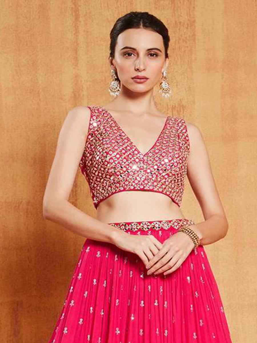 Rani Pink Faux Georgette Embroidered Wedding Festival Heavy Border Lehenga Choli