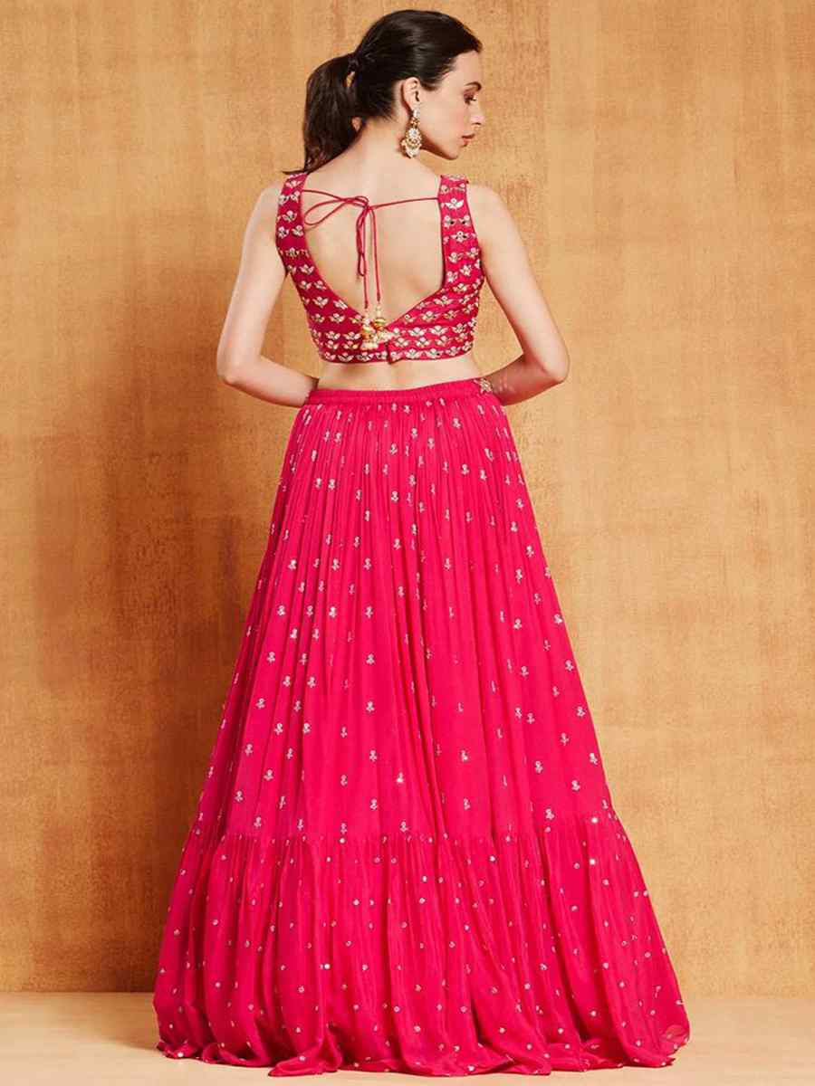 Rani Pink Faux Georgette Embroidered Wedding Festival Heavy Border Lehenga Choli