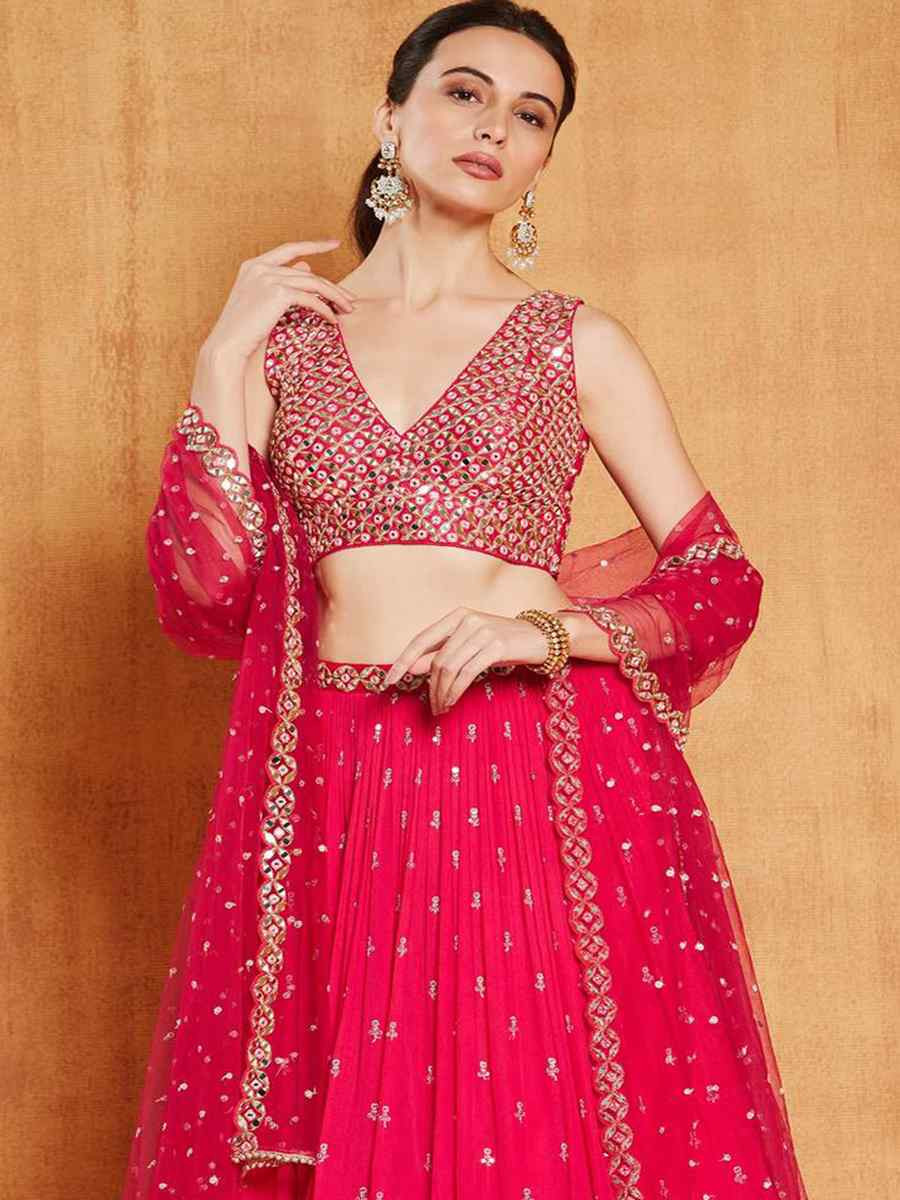 Rani Pink Faux Georgette Embroidered Wedding Festival Heavy Border Lehenga Choli