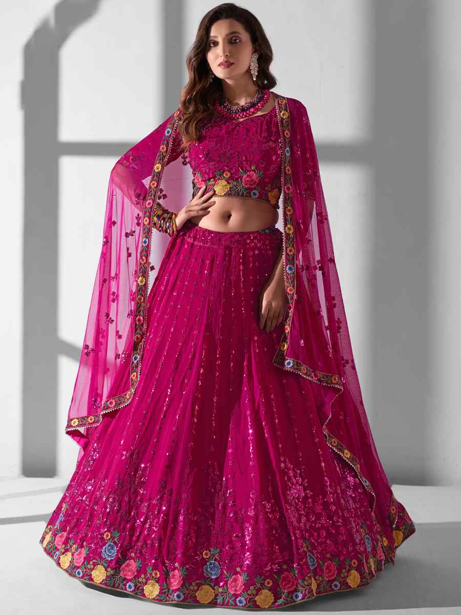 Rani Pink Georgette Embroidered Bridesmaid Wedding Heavy Border Lehenga Choli