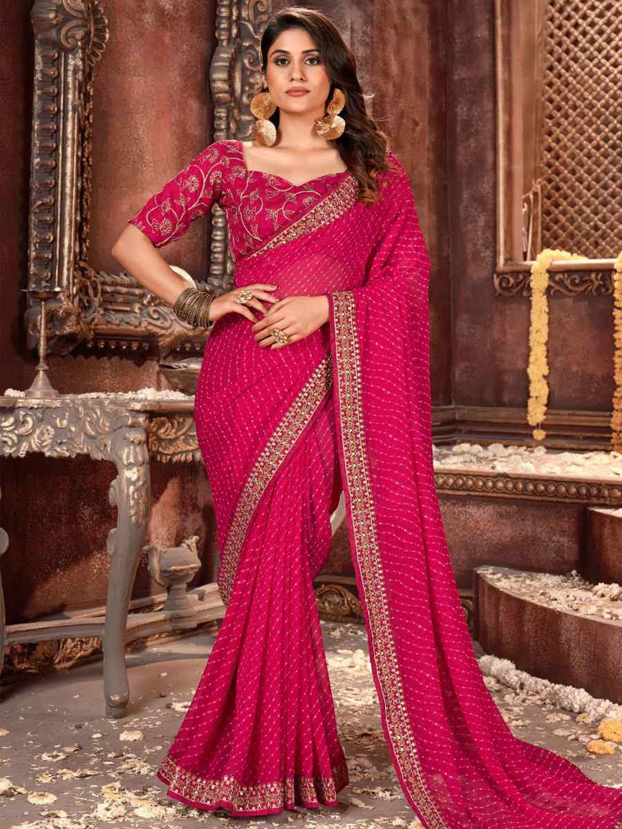 Rani Pink Georgette Embroidered Festival Party Classic Style Saree