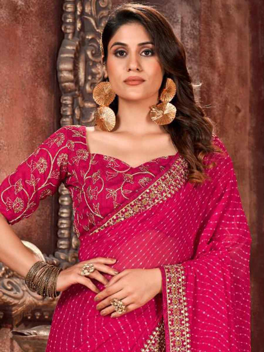 Rani Pink Georgette Embroidered Festival Party Classic Style Saree