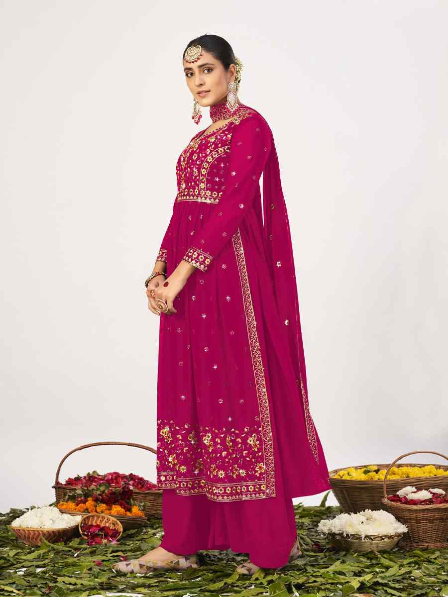 Rani Pink Georgette Embroidered Festival Wedding Palazzo Pant Salwar Kameez