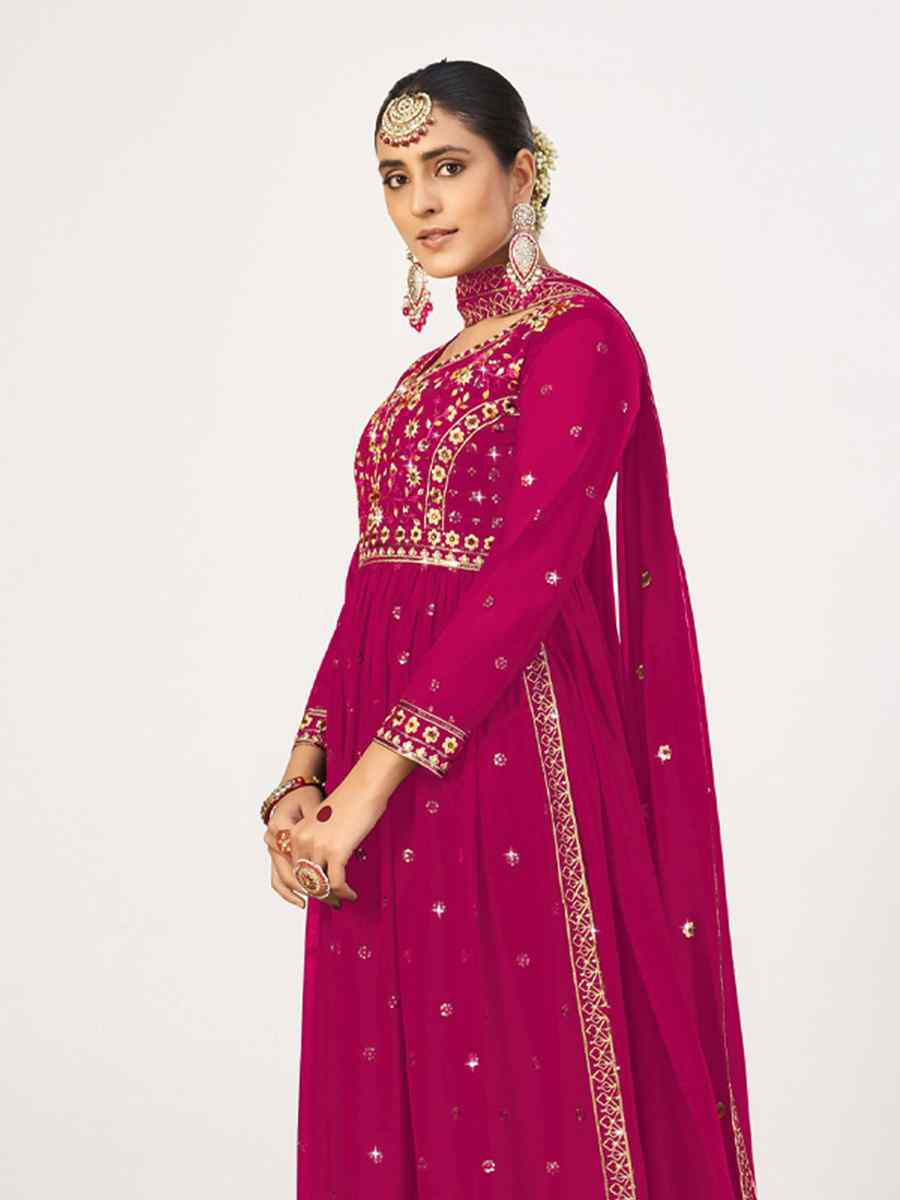 Rani Pink Georgette Embroidered Festival Wedding Palazzo Pant Salwar Kameez